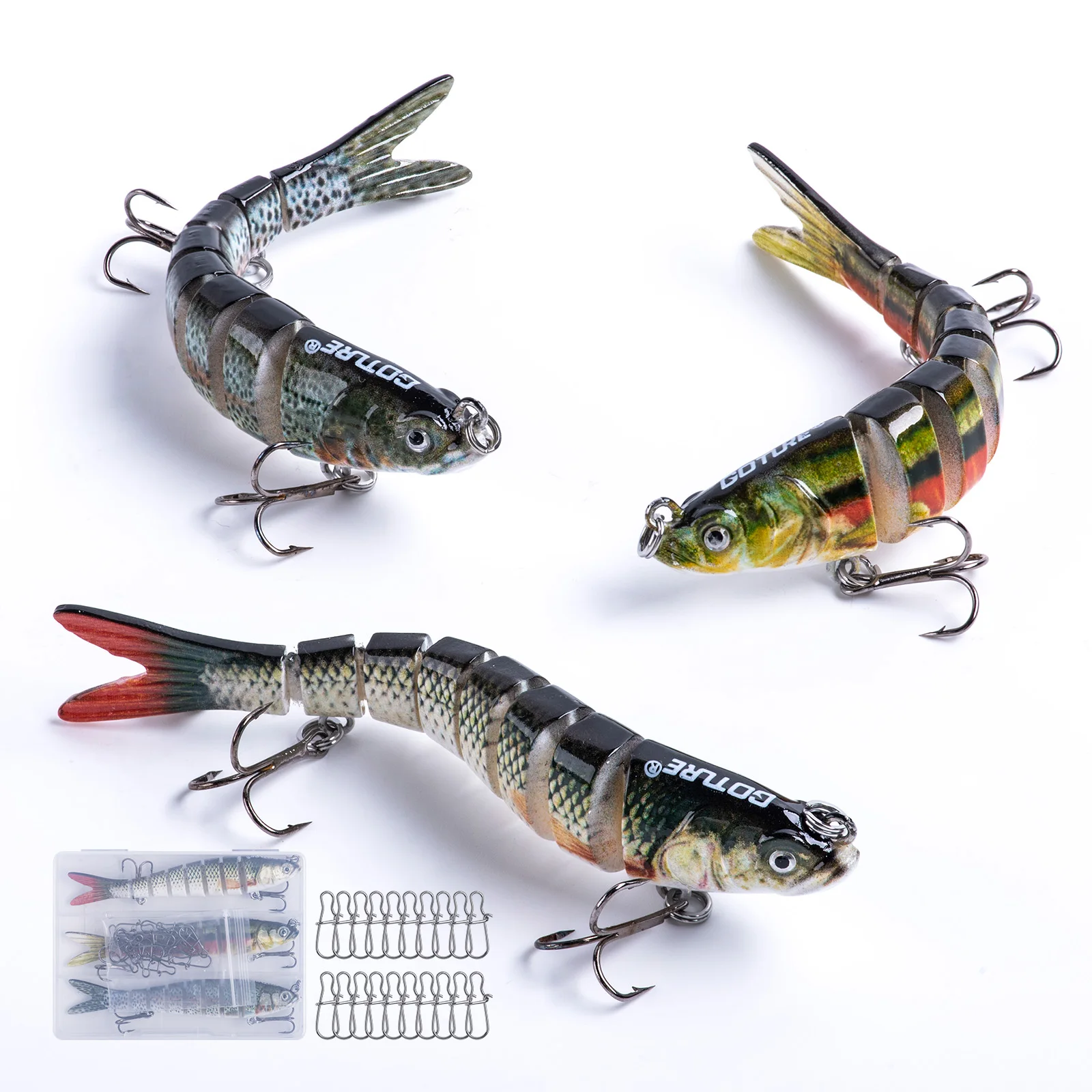 Goture Multi Jointed Segmented Pike Fishing Lures with Box, Slow Sinking Swimming Baits with Treble Hooks for Bass Trout Fishing