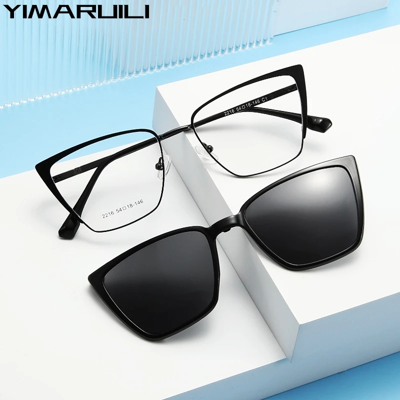 YIMARUILI Fashion Polarizing Clip Magnetic Suction Sunglasses Ultra-light Cat Eye Optical Prescription Eyeglasses Frame Women