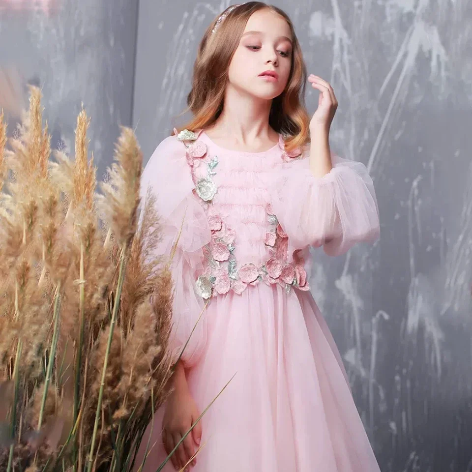 Robe à fleurs pour filles, manches personnalisées, pour mariage, col rond, robe de bal, princesse, première Communion, fête d'anniversaire, vêtements de concours