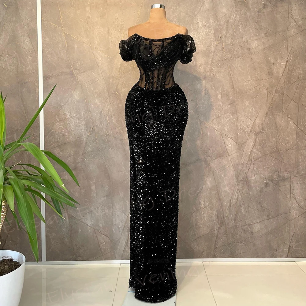 Shiny Black Women\'s Mermaid Elegant Evening Dresses Formal Party Customized Prom Gowns Gorgeous Sequined فساتين سهره شارون سعيد