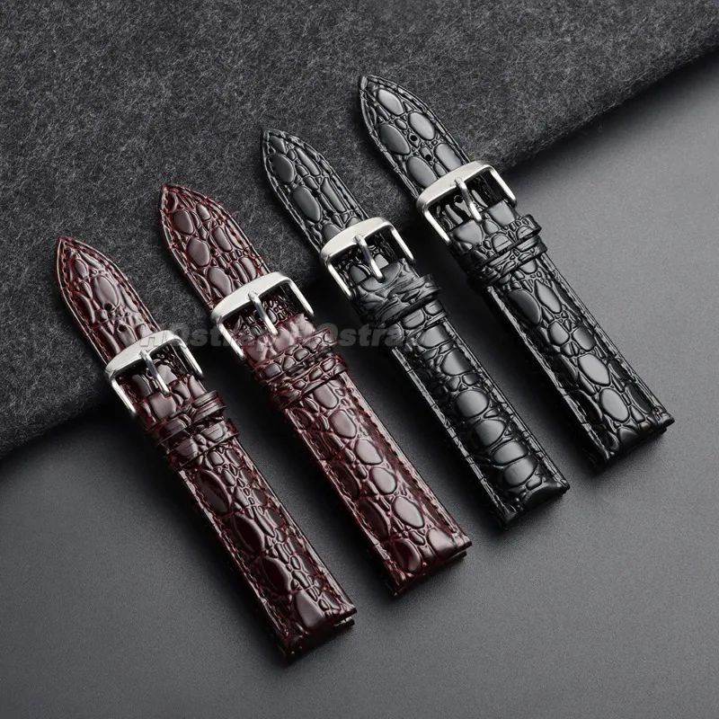 Classic Crocodile Grain Leather Watch Band 18mm 19mm 20mm 21mm 22mm Cowhide Replacement Strap with Multi‑Color Metal Pin Buckle
