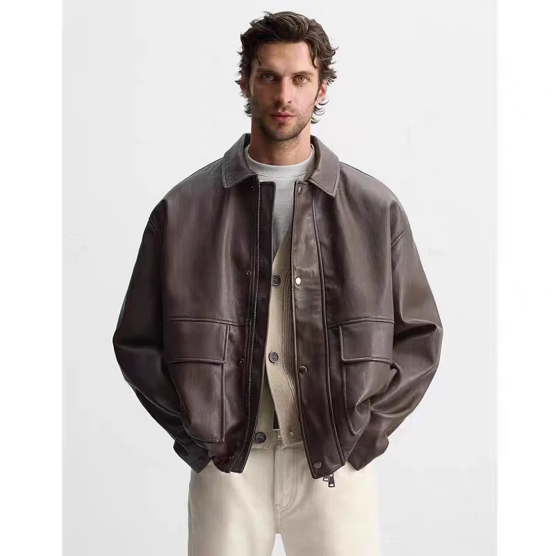 

Autumn Winter New Arrival Men's Faux Leather Boxy Fit Jaet Coat kets Decorated Casual Sle Long Sve Zipper Closure