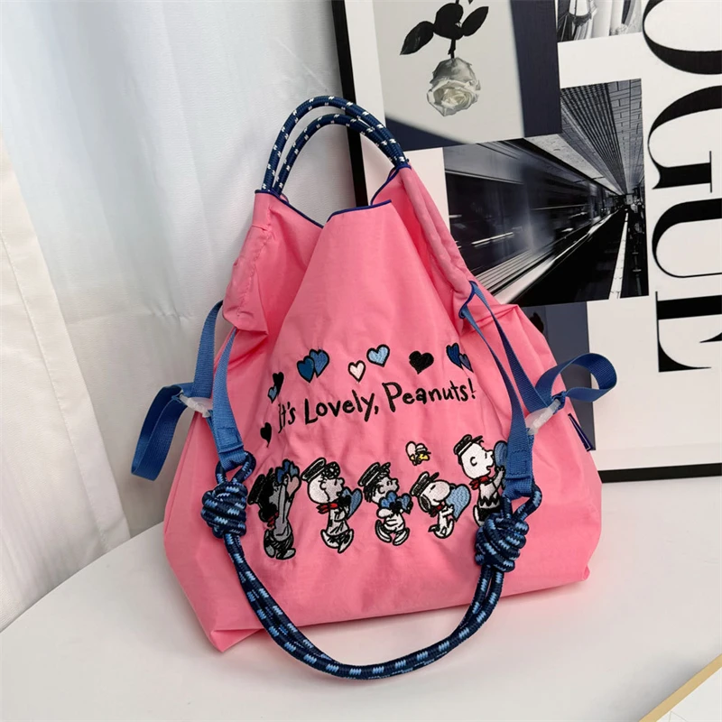 Kawaii Ball Chain Canvas Bag White Cat Girl Foldable Large Capacity Handbag Oxford Shoulder Embroidered Nylon Bag Girl Gift