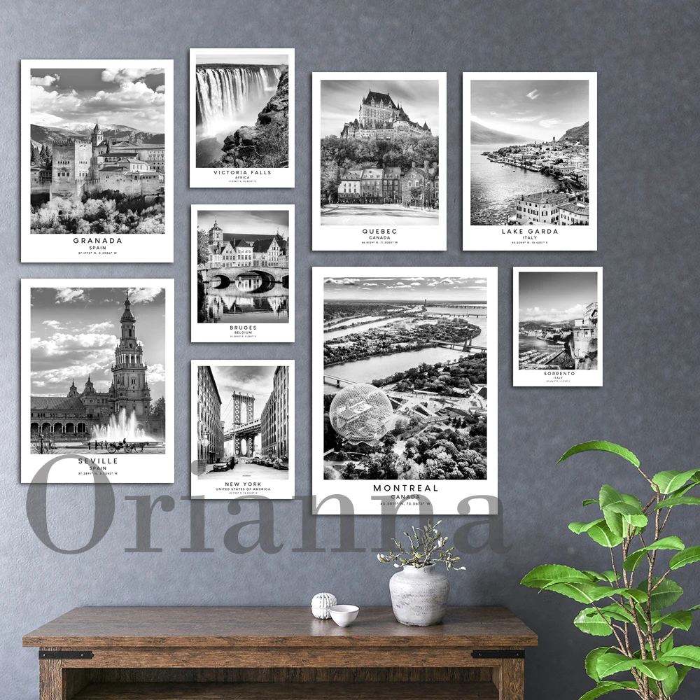 

Granada Bruges Seville Lake Garda Sorrento Victoria Falls New York Quebec Montreal Travel Print Black And White City Art Poster