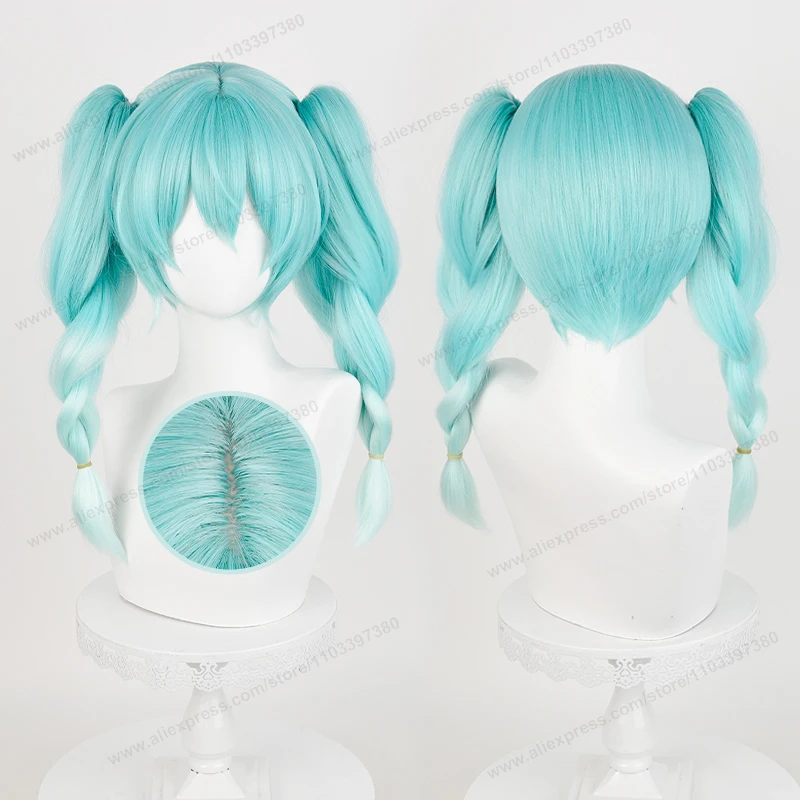 Miku Bunny Cosplay Wig 45cm Pre Braided Double Ponytails Cyan Gradient Hair Anime Heat Resistant Synthetic Wigs