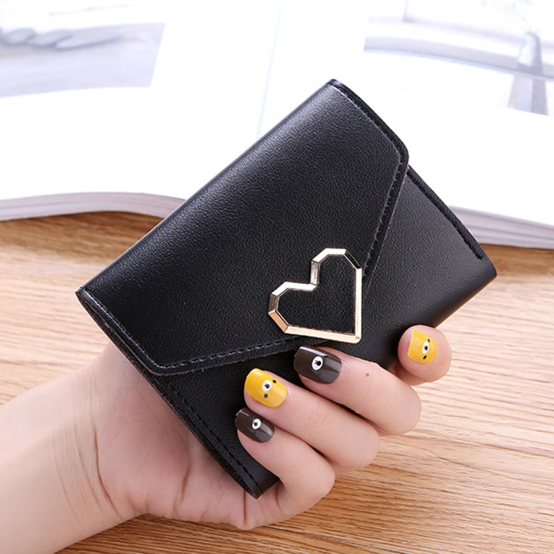 Fashion Heart Hasp Women Short Wallet Coin Pouch Solid Color Large Capacity Credit Card Holder Card Wallets Student Coin Purse