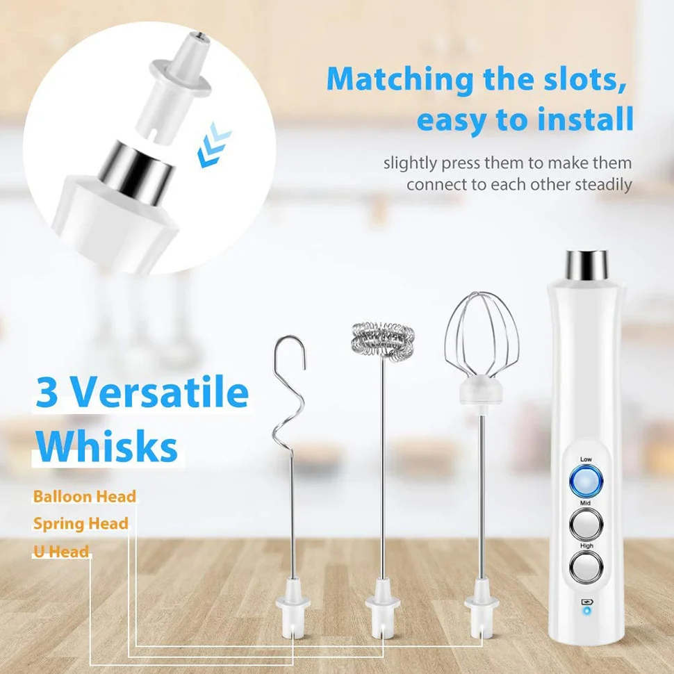 Electric 3 Speeds Adjustable Milk Foam Frother USB Rechargeable Handheld 3 Heads Egg Beater Multifunctional Coffee Tools