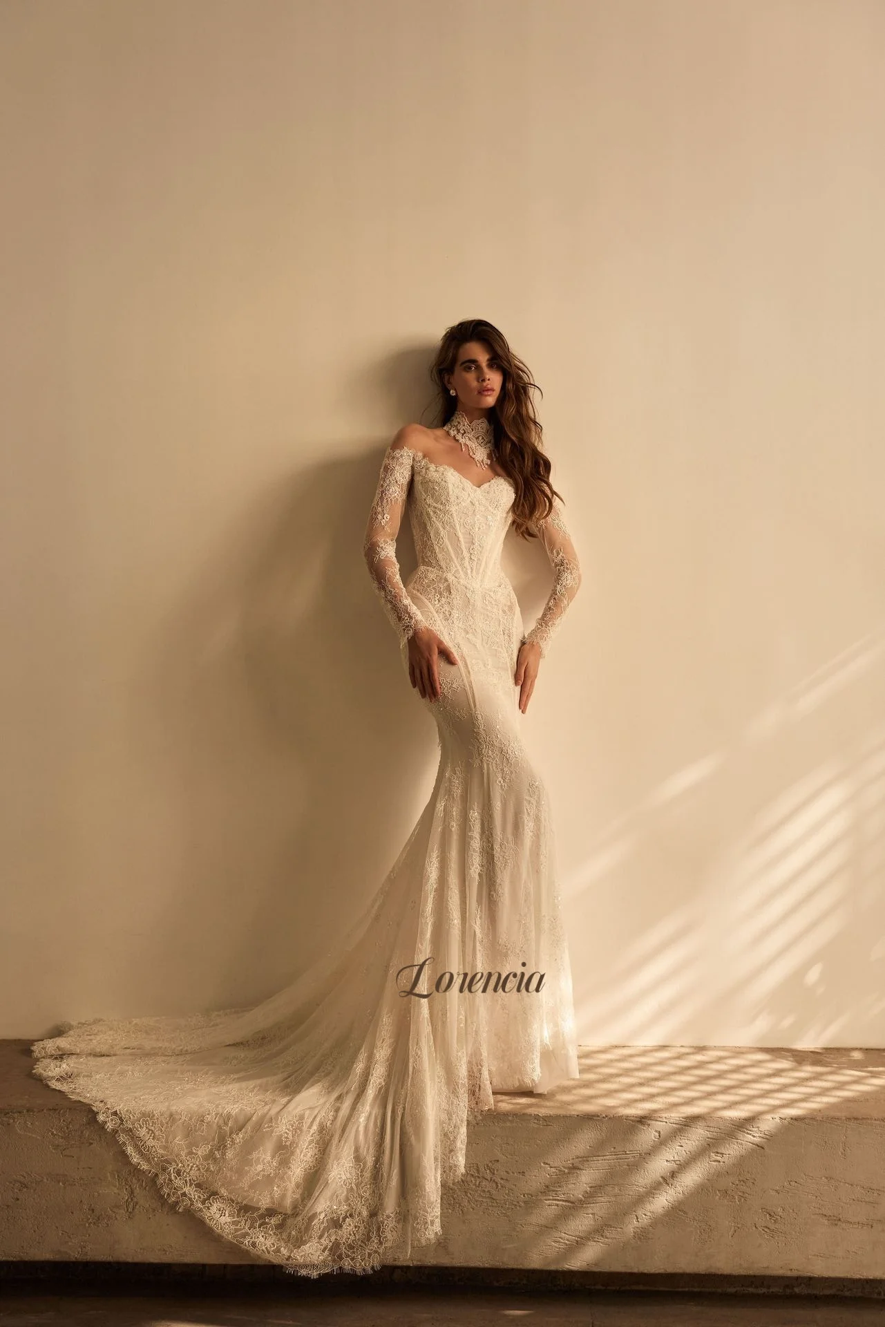 Lorencia Luxury Beaded Lace Mermaid Wedding Dresses with Choker Off the Shoulder Long Sleeves Fitted Bridal Gowns Customized