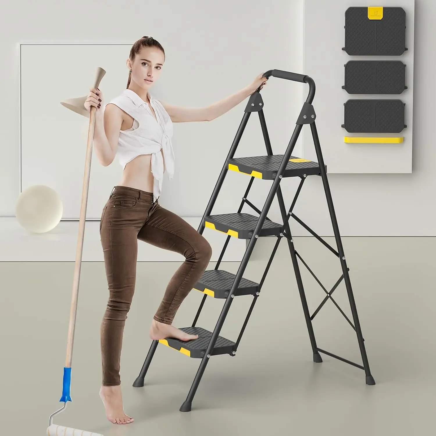 4 steps, sturdy steel step stool, safety lock design, handrails, non-slip wide pedals, folding portable ladder