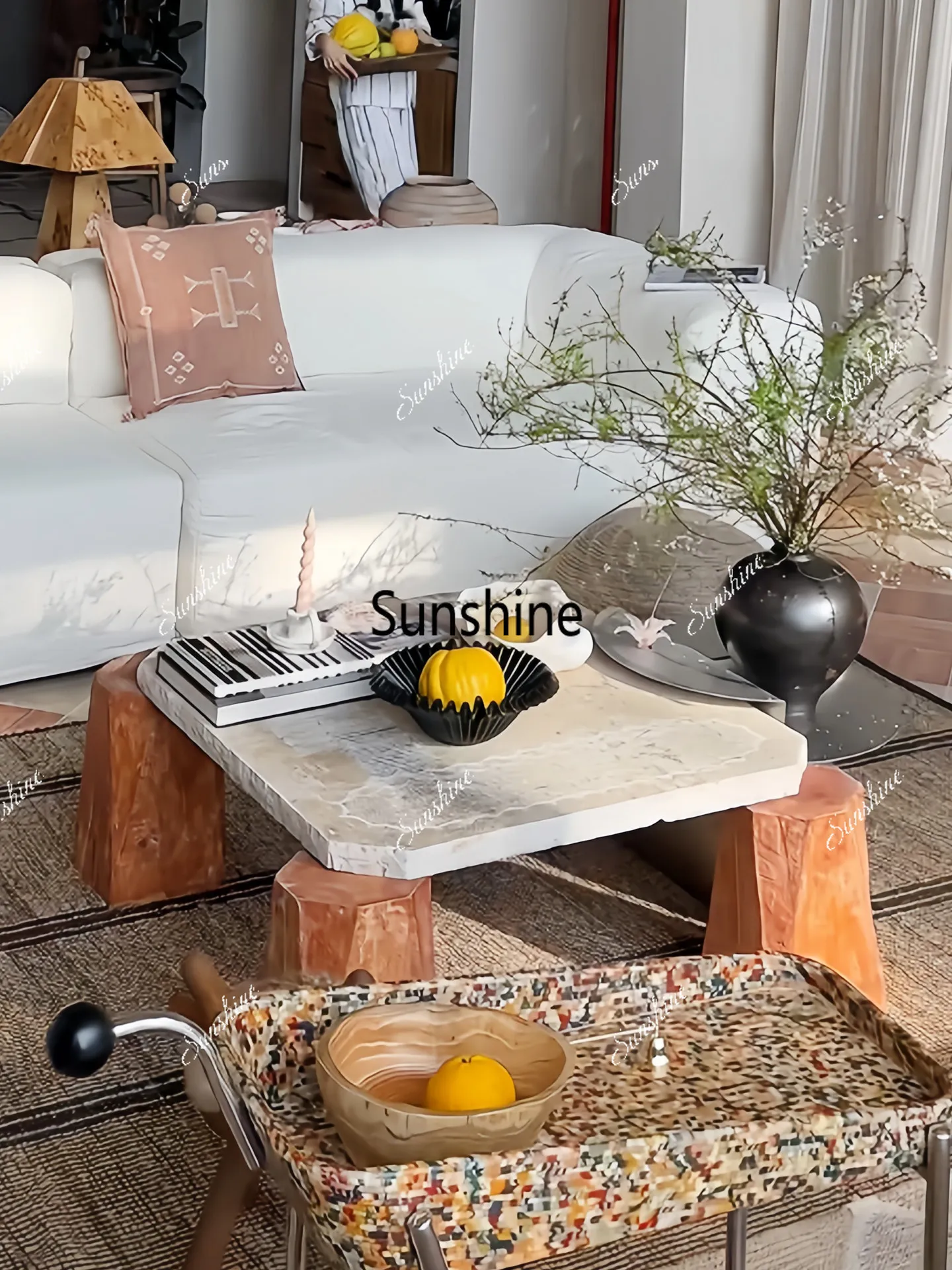 Vintage natural style natural trava square coffee table cream-style coffee table