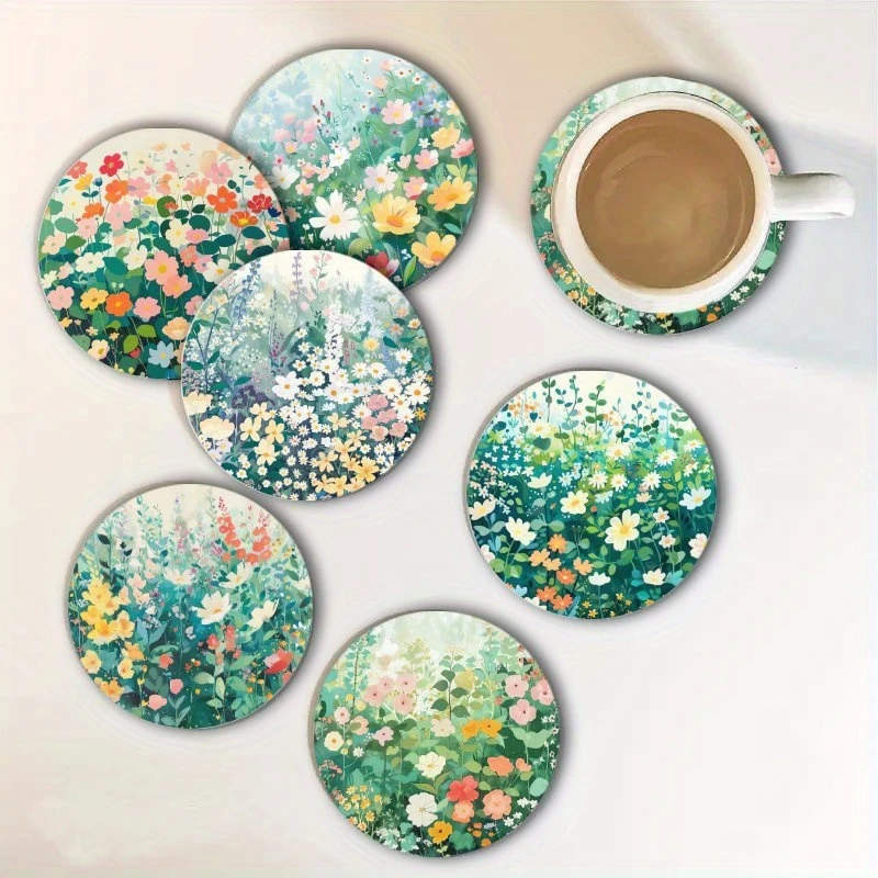 10CM 6PCS 2D Fresh Style Elegance Flowers Wooden Coasters Coffee Shop Furniture Decoration Check-in Gift Desktop Protection