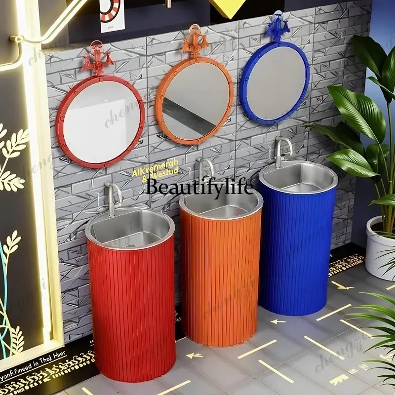 D1089 Industrial Style Column Basin Stainless Steel Round Washbasin Creative Personality Bar Vintage Floor-standing Washbasin