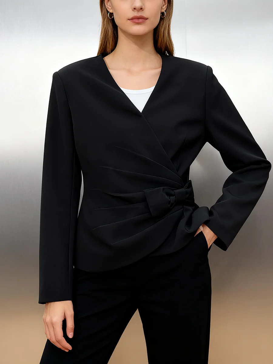 TWOTWINSTYLE Eleganckie marynarki damskie z kokardą, dekolt w serek, długi rękaw, patchworkowe, marszczone, krótkie marynarki damskie, nowość