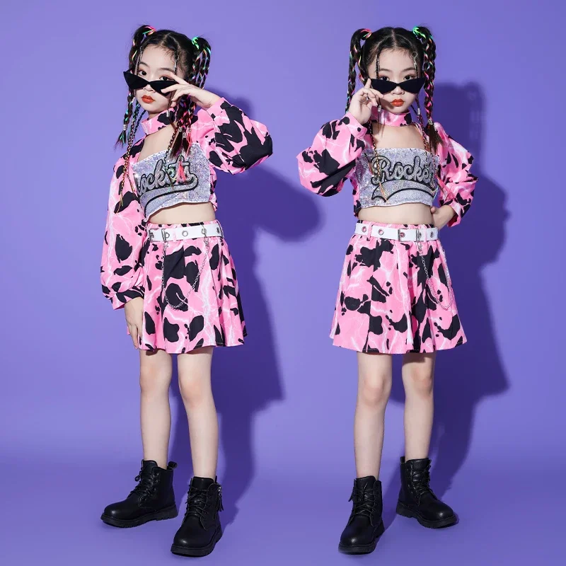 

Kids Teenage Hip Hop Clothing Pink Print Sequined Back Zip up Crop Top Mini Skirt for Girl Jazz Dance Costume Clothes Set