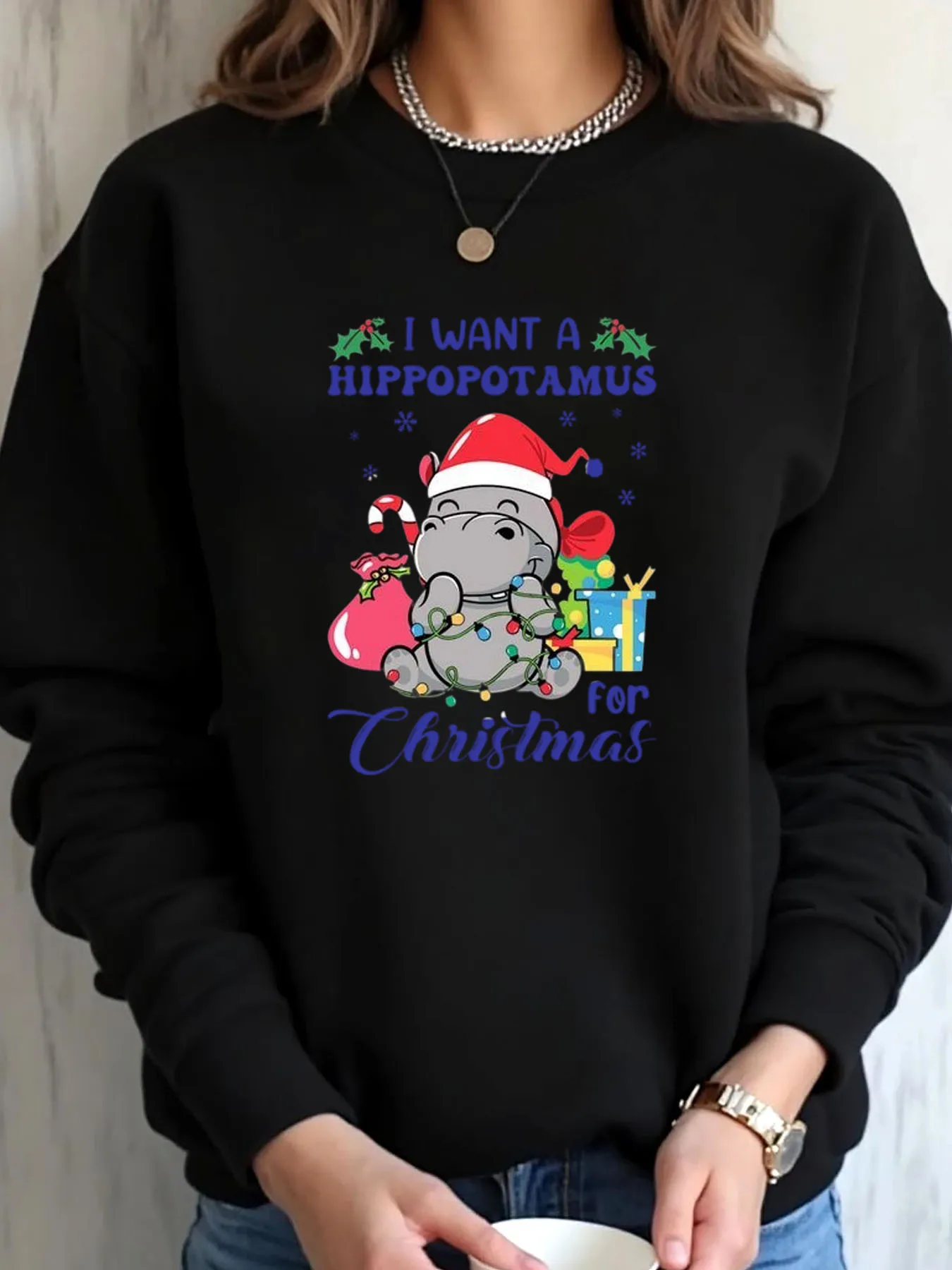 

Женская толстовка большого размера с рождественским принтом бегемота для верхней одежды