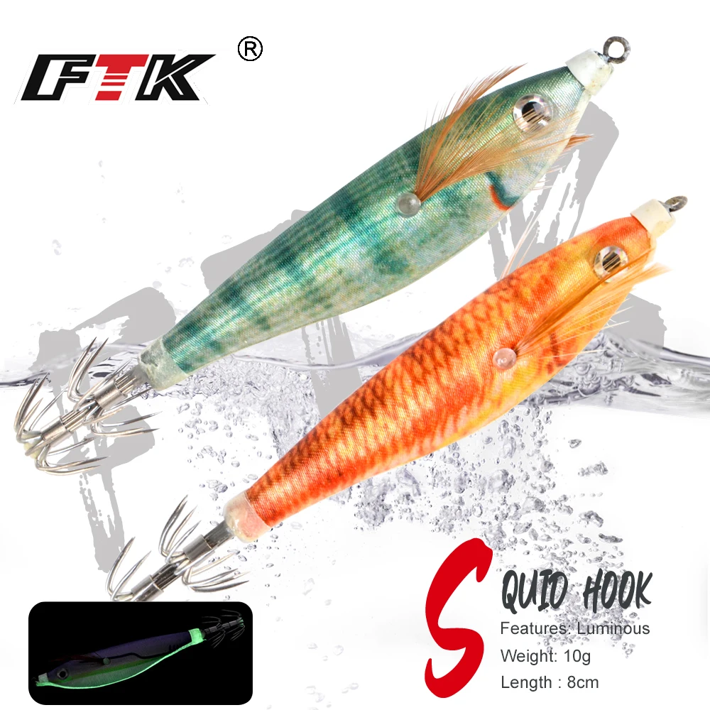 

FTK Squid Baits Squid Hook 8cm/10g Jigging Wood Shrimp Octopus Cuttlefish Bait Luminous Wobbler Outdoor Sea Fishing Lure