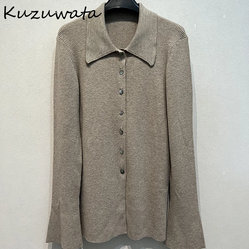 Kuzuwata Vintage Turn-Down Collar Flare Sleeve Jumper Single Breasted Solid Stripe Pull Femme Japan Fashion Soft Simple Tops