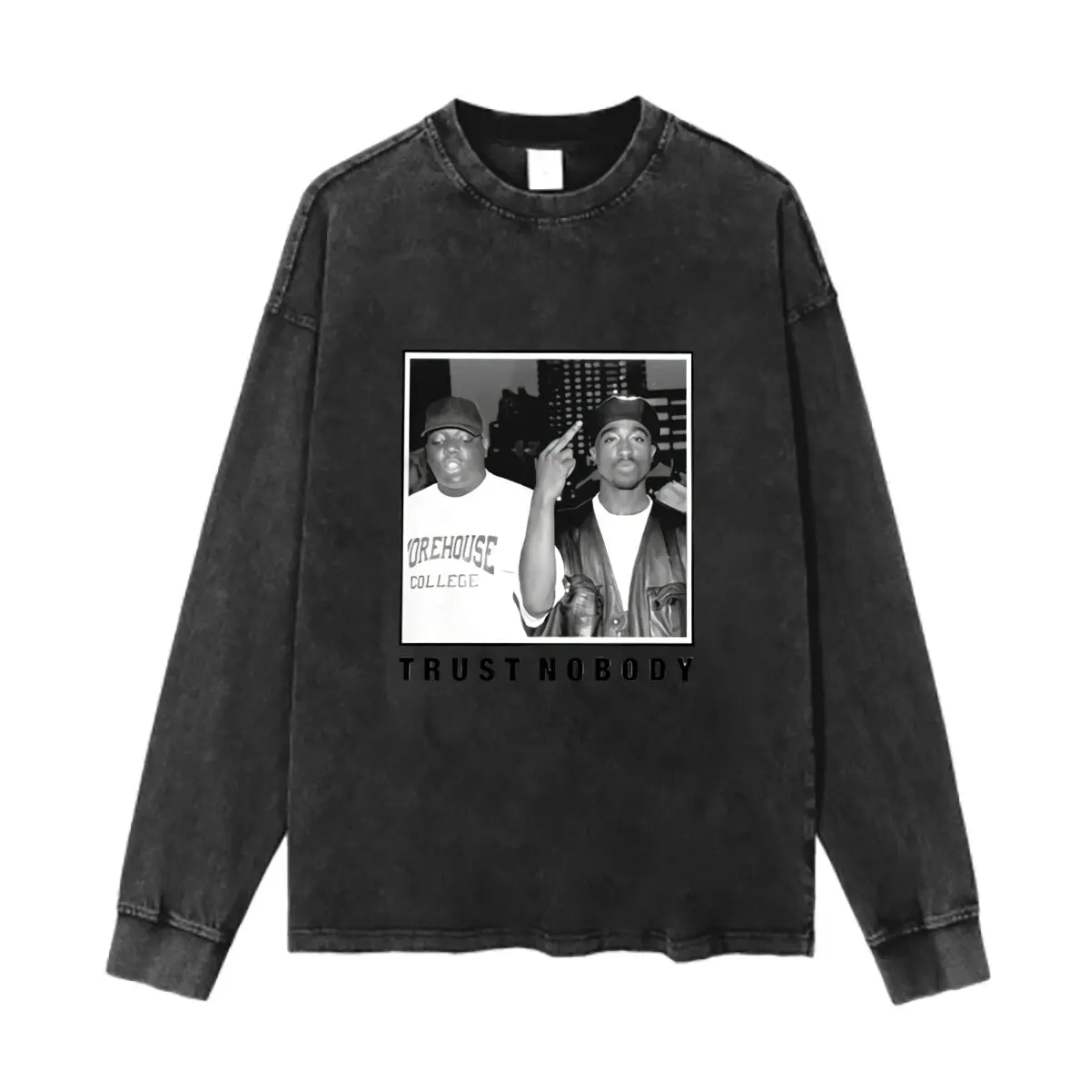 Trust Nobody Hip-Hop Graphic Washed Vintage Long Sleeves Cotton Tee Shirt Solid O Collared For Men's And Women's