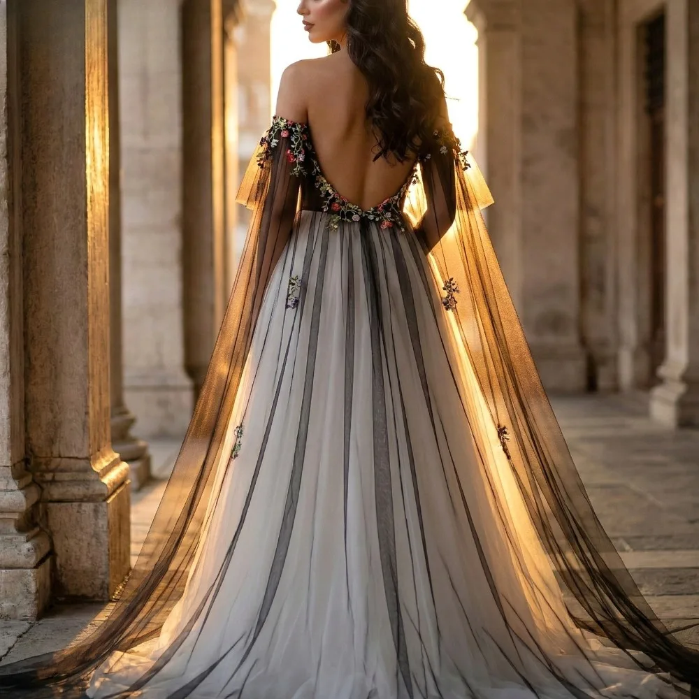 Black Tulle Long Train Wedding Cape Colorful Embroidery Bridal Shawl for Luxury Elegant Women's Layers Dress Cape Wedding Props