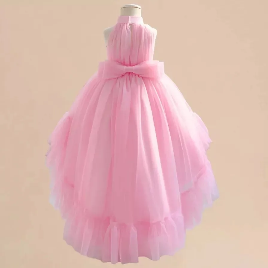 Robes de demoiselle d'honneur roses à col haut pour enfants, robes en tulle Hi-Lo, fête d'anniversaire, quelle que soit la princesse, robes d'invités de mariage pour enfants