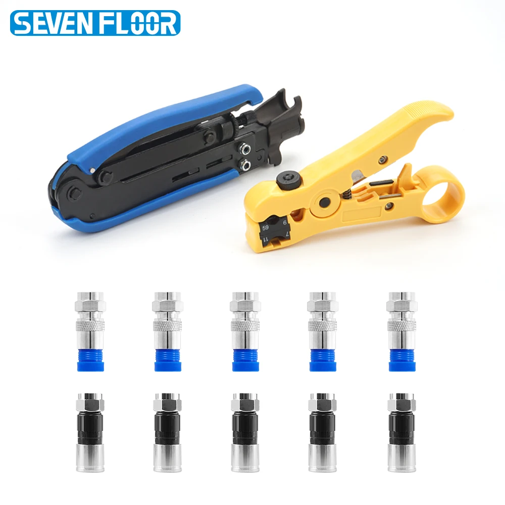 RG59 RG6 Coax Cable Crimper Stripper Tool Set, Adjustable Coaxial Compression Crimping Tool with 10Pcs F Connectors for Satellit