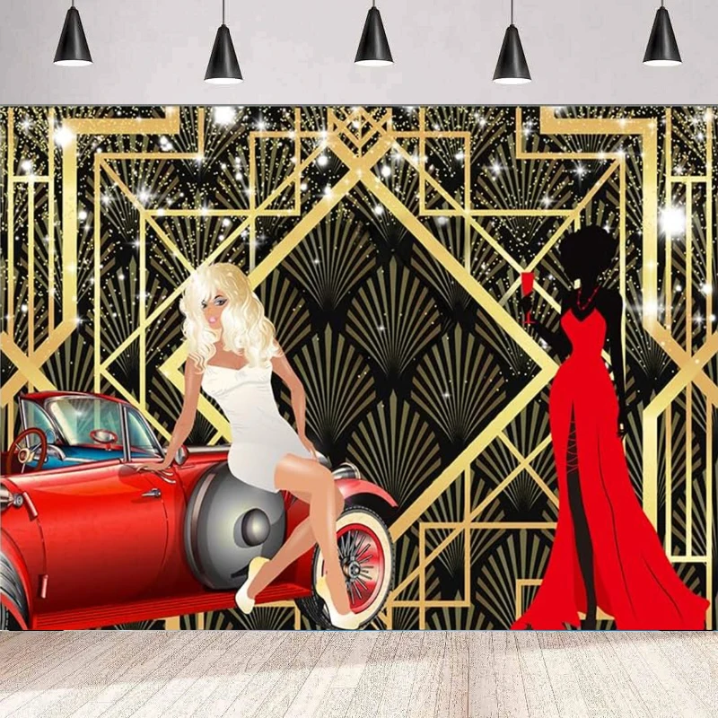 Photography Backdrop Great Gatsby Black Gold Texture Birthday Party Decor Retro Car 20's Fashion Women Background Wall Banner