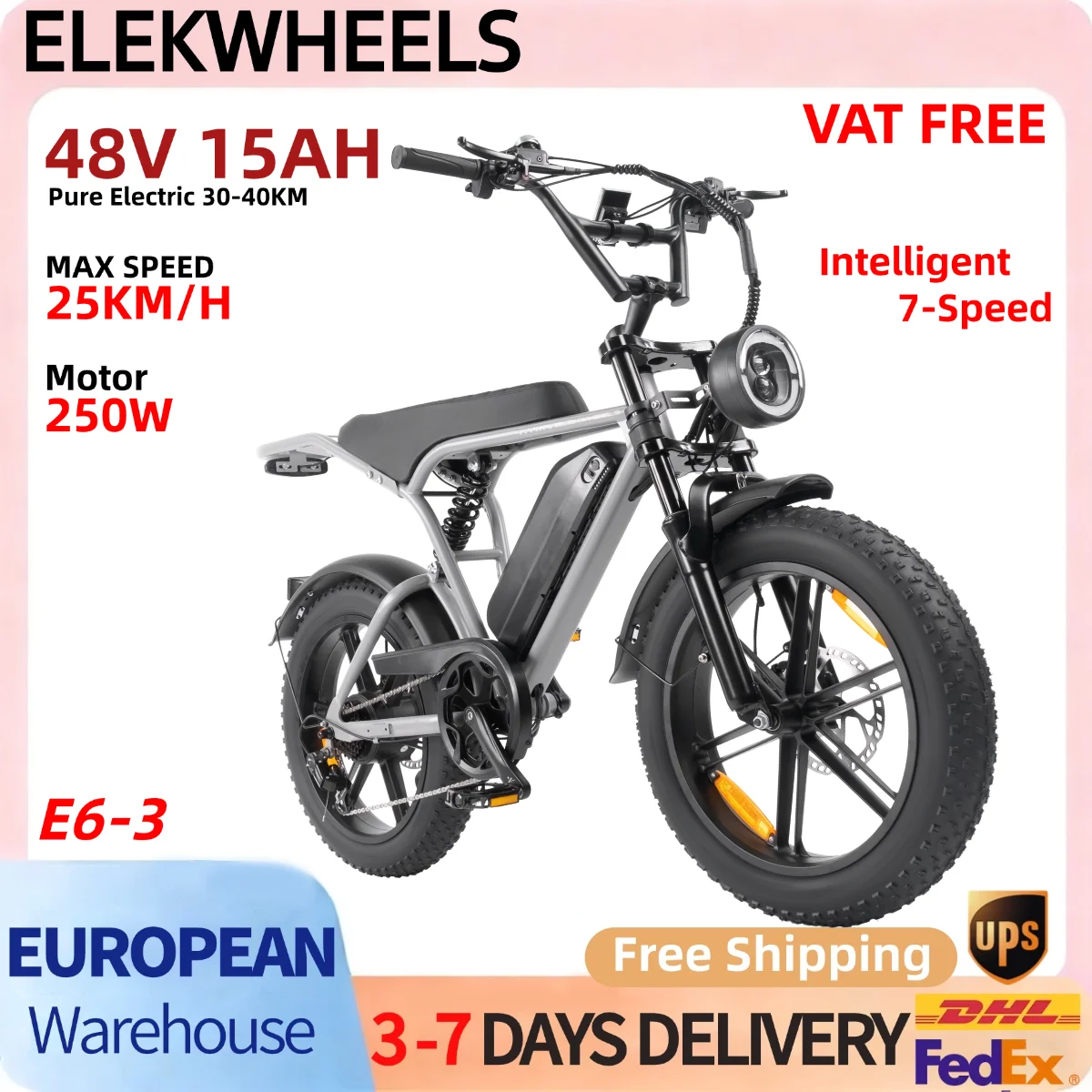 Vélo électrique ELEKWHEELS E6-3 48V 15AH pour adulte, moteur 250W, batterie lithium amovible, 7 vitesses, pneus larges 20"×4.0, vélo de montagne, vélo électrique pour trajets quotidiens, sentiers de montagne, conduite hors route, cyclisme urbain, véhicule de cyclisme en plein air, e-bike, livraison gratuite