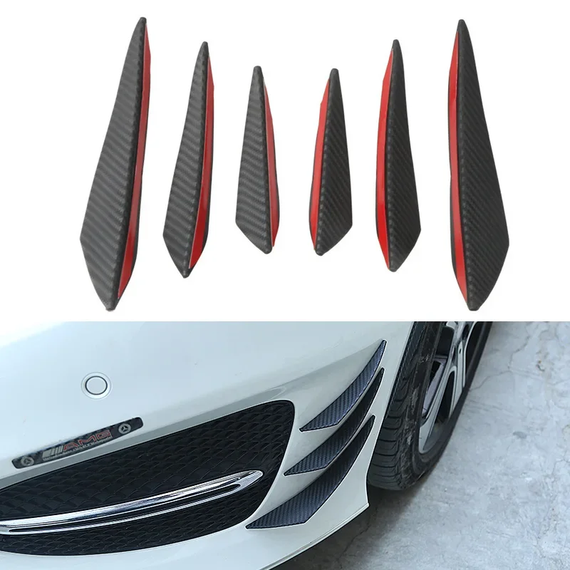 6pcs Universal Black Carbon Fiber Car Styling Accessories Front Bumper Lip Rubber Fin Splitter Spoiler Canard Valence Sticker