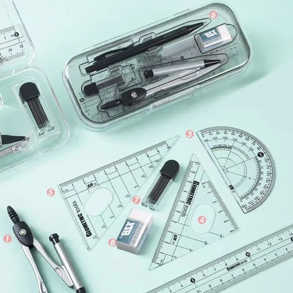8Pcs/Set Multifunctional Drawing Compass Ruler Kit Portable Compact Geometry Compass Set Triangle Ruler with Box