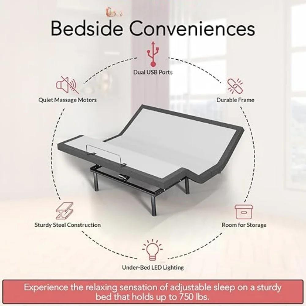 Verstelbaar bedframe, cómodo Marco De Cama De Masaje, Carga USB Dual Y Luces Nocturnas Debajo De La Cama, elektrisch bedframe