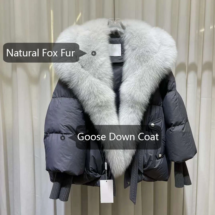 Chaqueta de plumón de ganso con cuello de piel de zorro Real Natural para mujer, abrigos de plumón cálidos de lujo para invierno