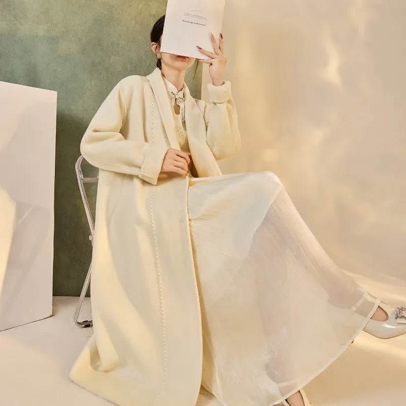 90% Wool Women's Pearl Embroidery Woolen Coat Loose Fashionable Elegant Style Solid Color Long Sleeve Woolen Coat