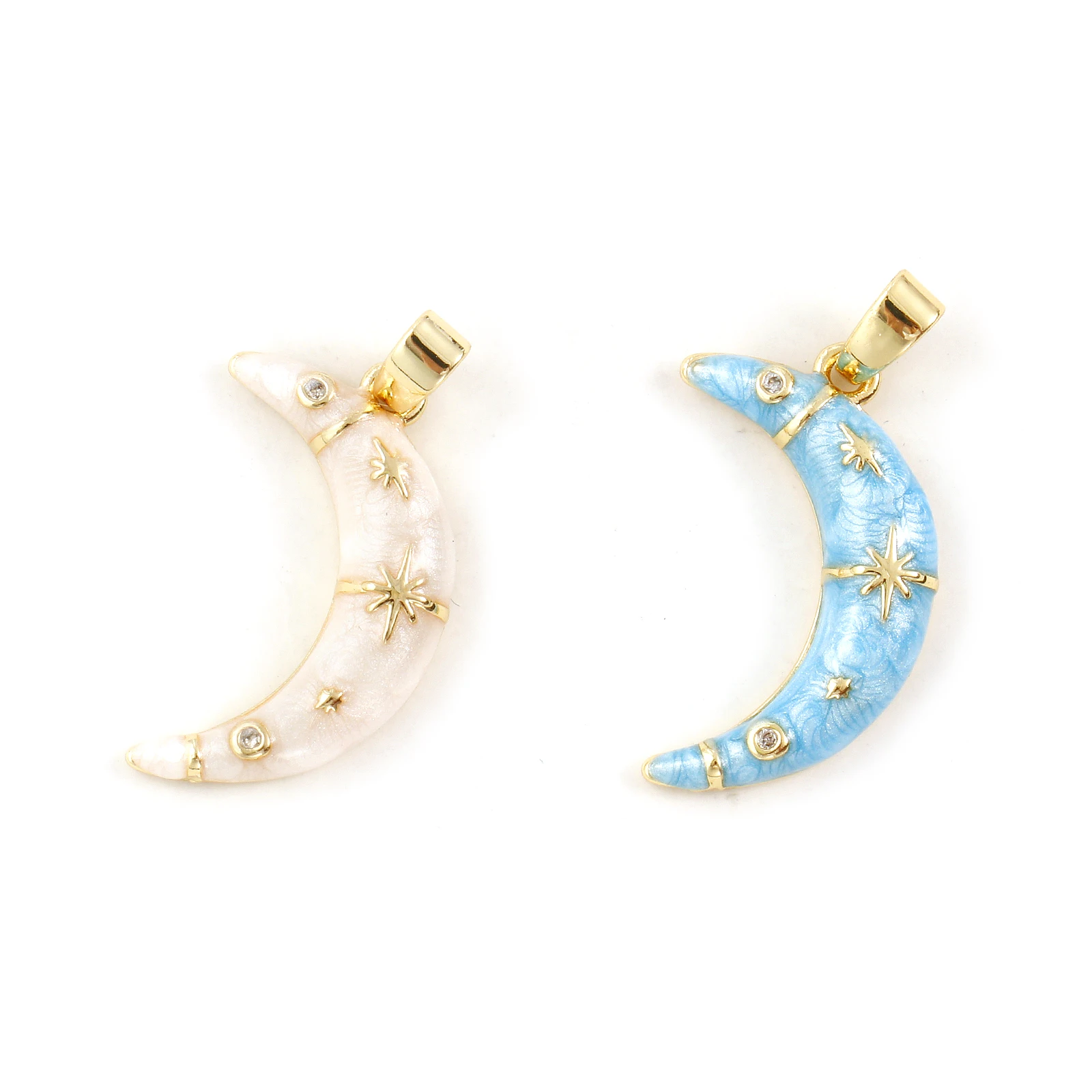 2pcs Brass Charms Gold Color Galaxy Half Moon Star Pearlized Clear Cubic Zirconia Enamel Pendant DIY Neckalce Jewelry 24mmx12mm