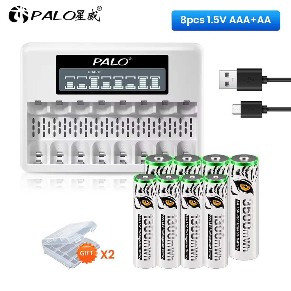PALO 1.5V AA AAA Rechargeable Li-Ion Battery AAA AA Lithium Ion Batteies With LCD USB Charger for 1.5V AA AAA Battery