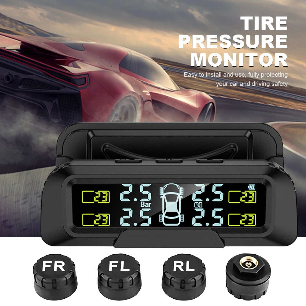 Tire Pressure Monitoring System with 4 External Sensors USB/Solar Tire Pressure Monitor System for Car SUV Sedan