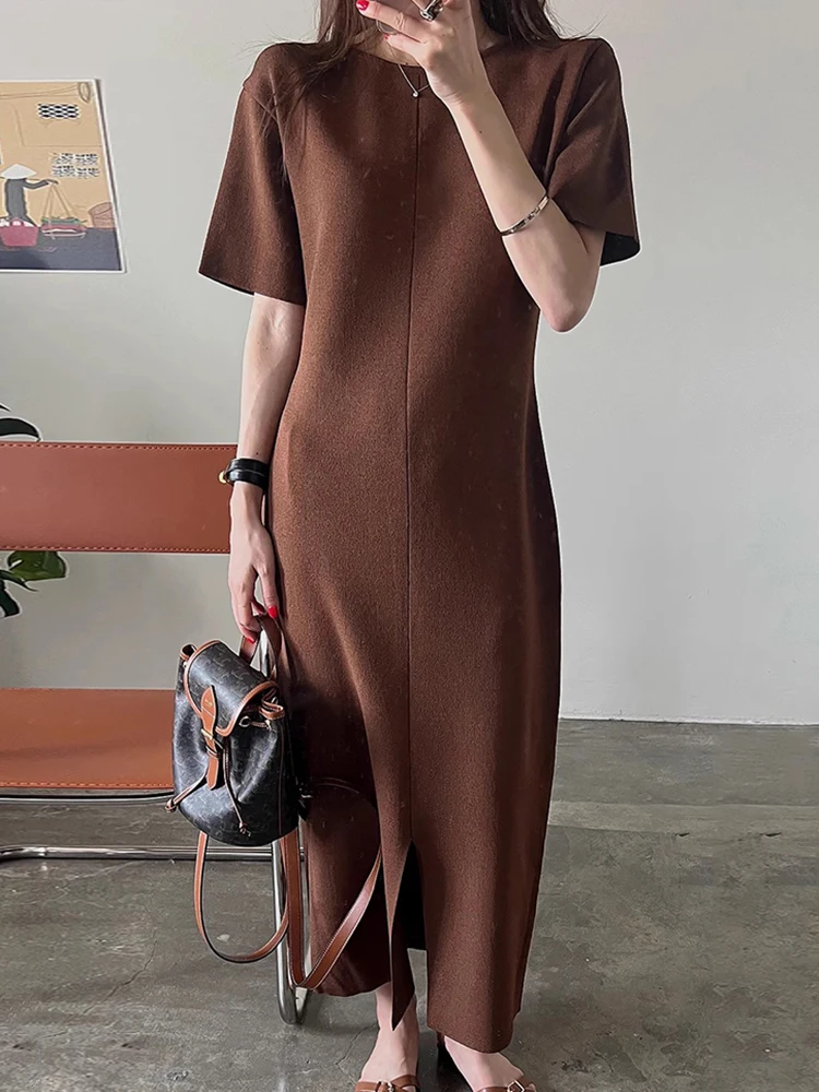 [EWQ] Korean Chic Temperament Round Neck Loose Casual Knee Length Slit Short Sleeve Dress For Women 2024 Spring Summer 16U9238