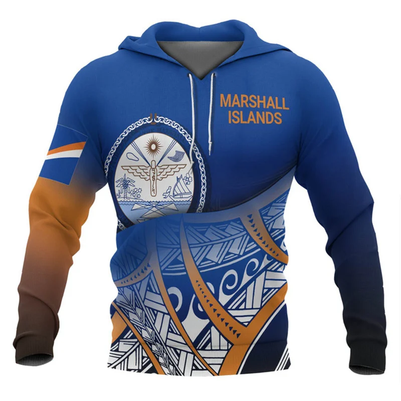 

3D The Republic-of Marshall Islands Map Flag Print Hoodies Marshall Islands Emblem Graphic Hooded Sweatshirts Mens Pullovers Top