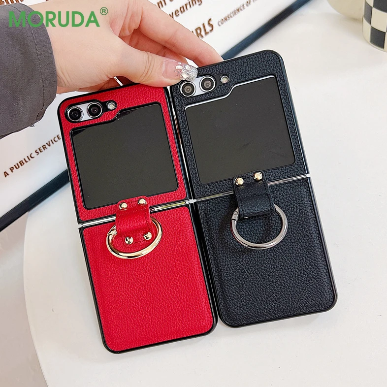 Luxury Lychee Patterned Leather Phone Case for Samsung Galaxy Z Flip 5 Zflip 4 3 ZFlip5 Z Flip3 Flip4 Plating Ring Bracket Cover