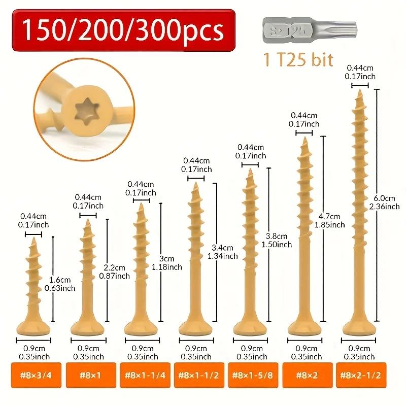 300pcs/200pcs/150pcs Threaded wood screws, flat head hexagonal groove drive, 7 sizes, yellow epoxy resin coated wood screws, outdoor fence fasteners