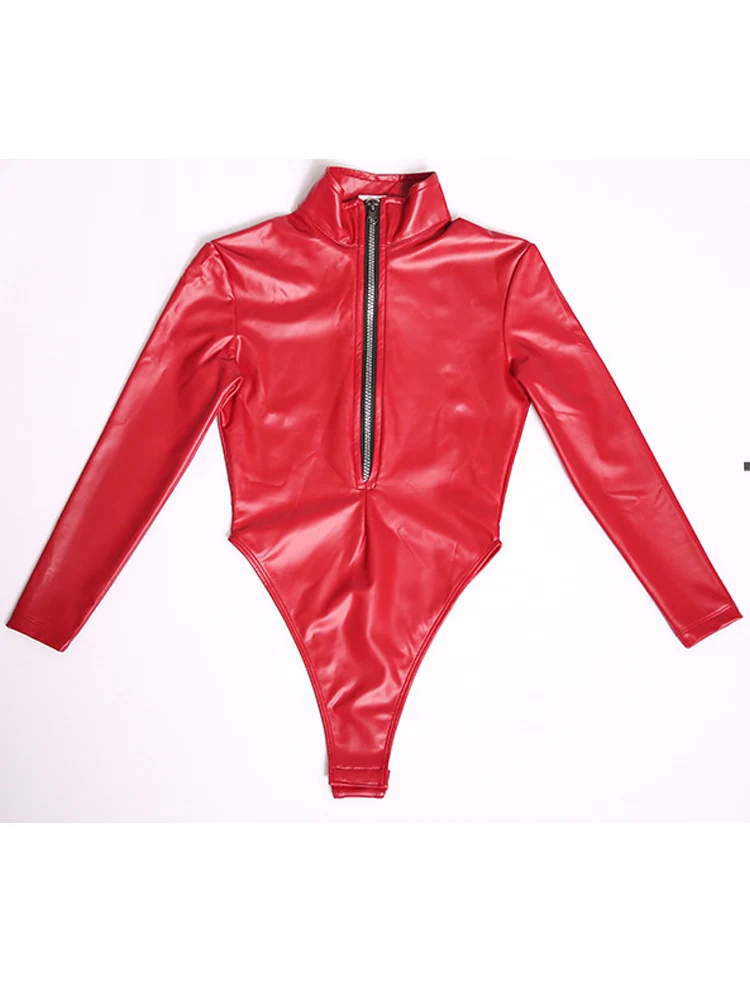 S-4XL Faux Latex Elastic PU Leather Catsuit Long Sleeve Open Crotch Bodysuit Tights High Cut Swimsuit Sexy Body Teddies Leotard
