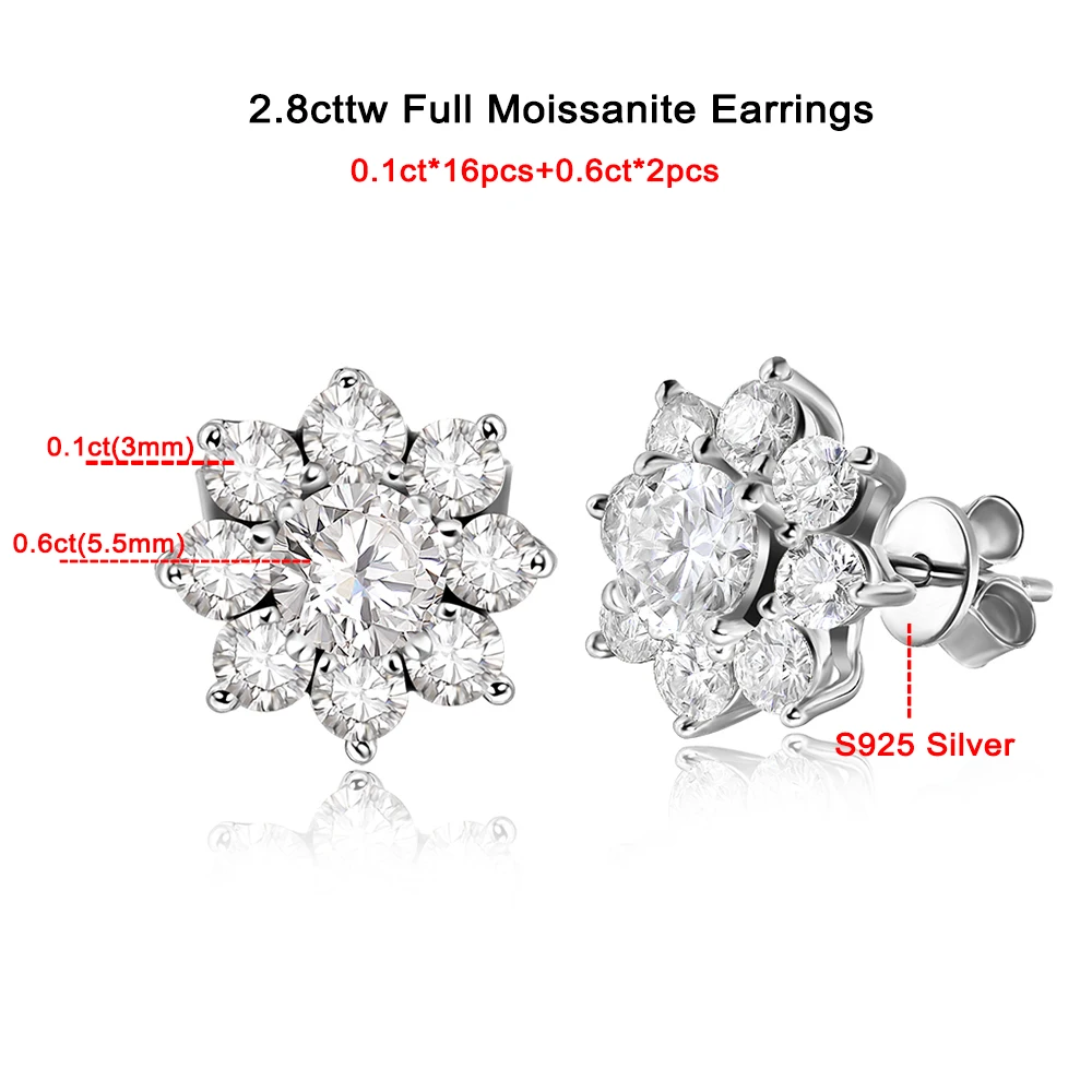 2.8cttw Full Sunflower Moissanite Stud Earrings for Women S925 Sterling Silver D Color Round Cut Diamond Earring Wedding Jewely