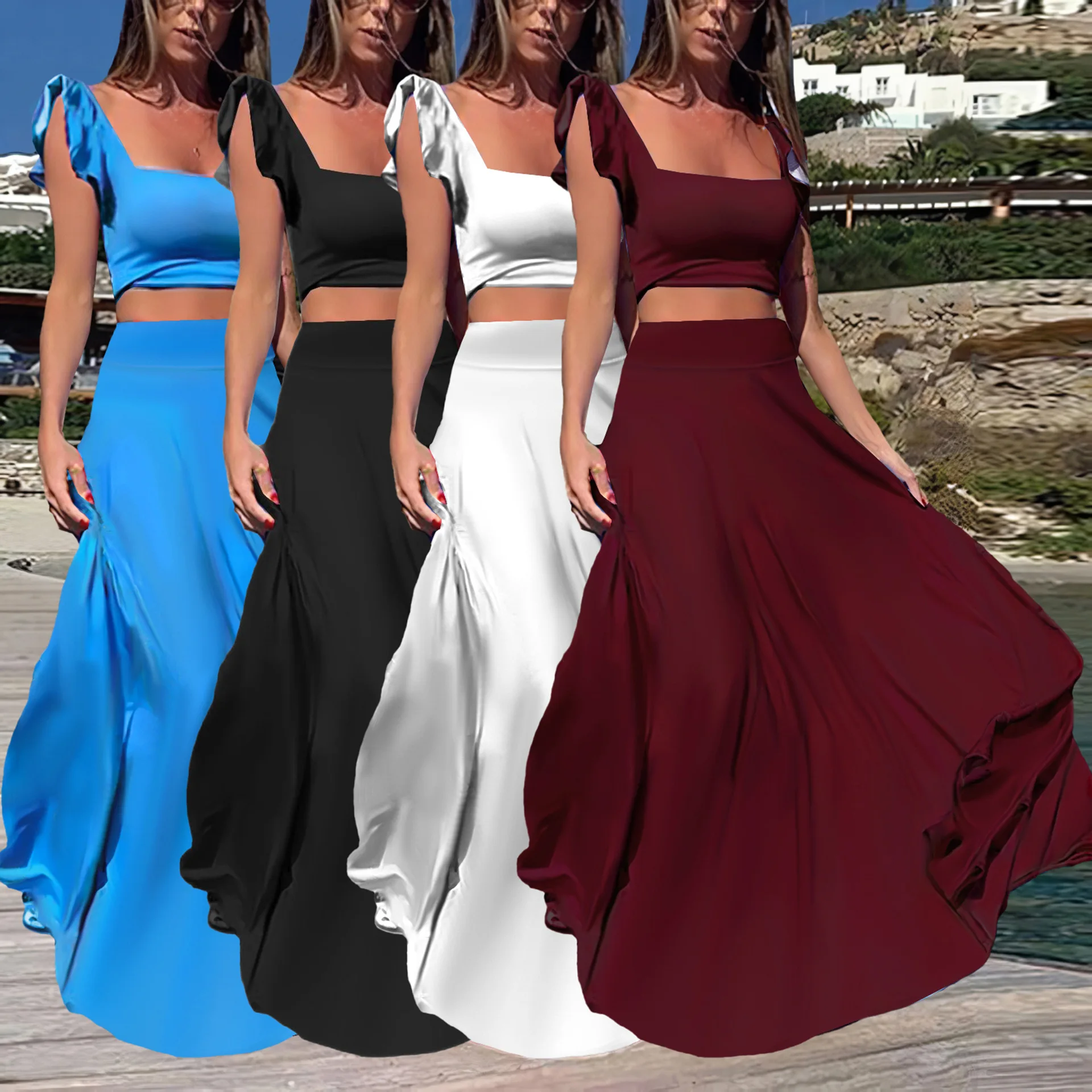 

Одинаковый комплект из 2 предметов, сексуальный топ и юбка, элегантная эластичная кружевная однотонная длинная юбка