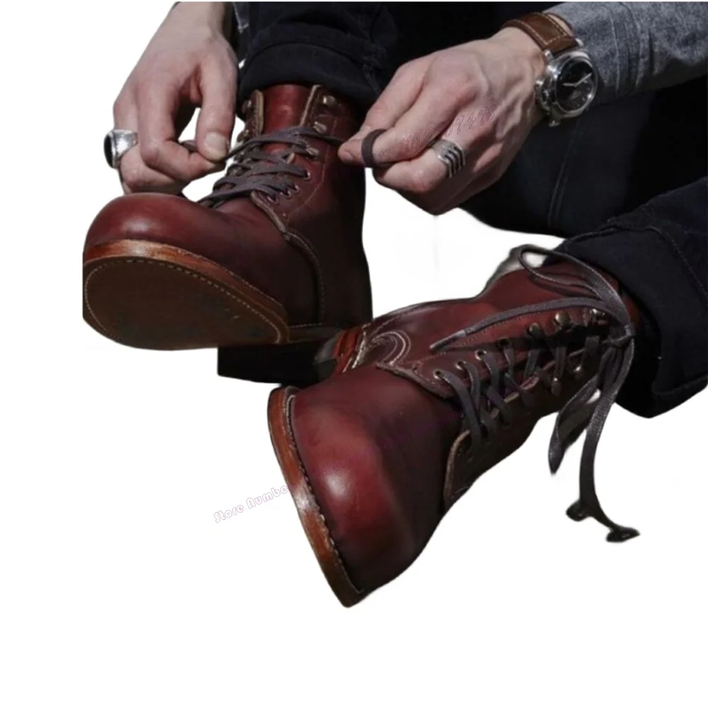 Red Lace Up Lace Up Men's Boots Matte Leather Chunky Heels British Style Shoes Big Size Vintage Shoes 2025 Zapatos Para Hombres