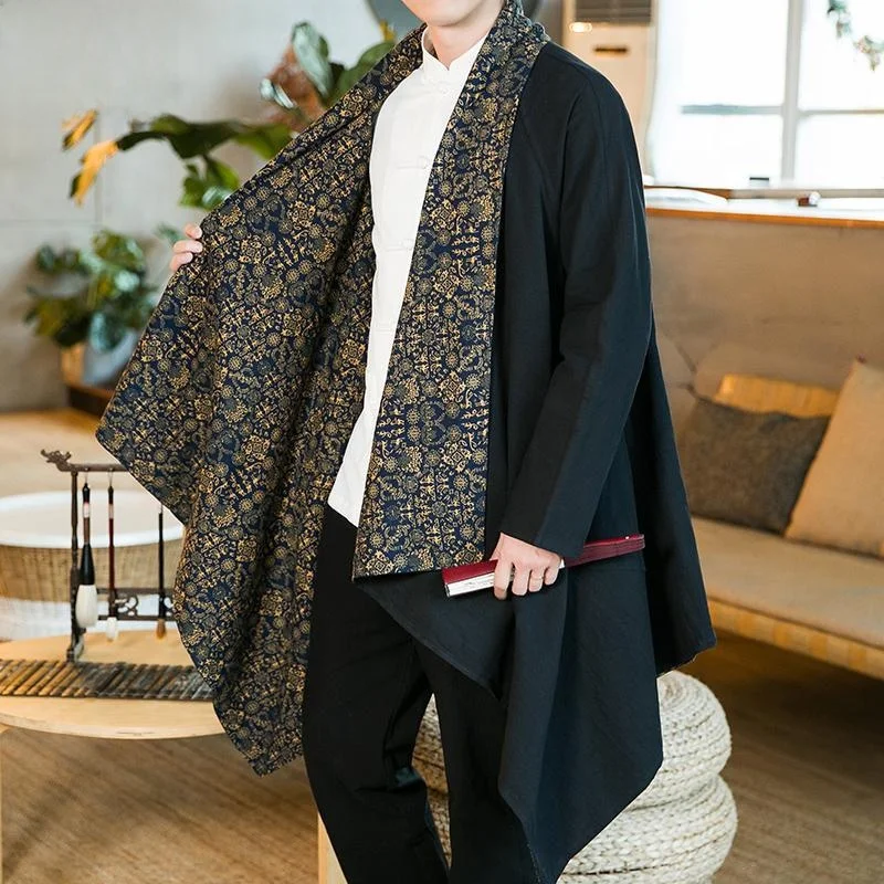 

Double-Sided Ethnic Clothing Men's Mid-Length Jaet Youth Cotton Linen Windbreaker Hanfu Long irt Ancient Sle Coat