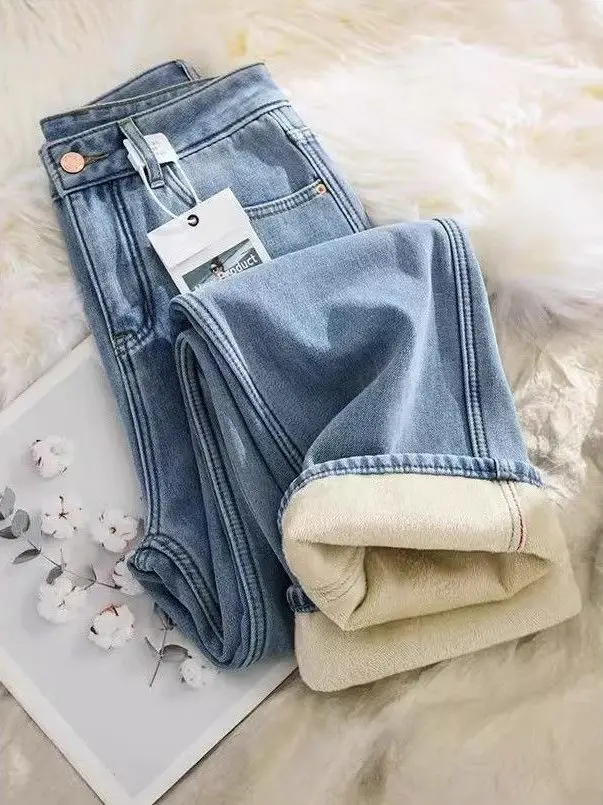 

Женские утепленные джинсы с высокой талией и широкими штанинами, прямого кроя, повседневные, синие, из денима, для осени и зимы