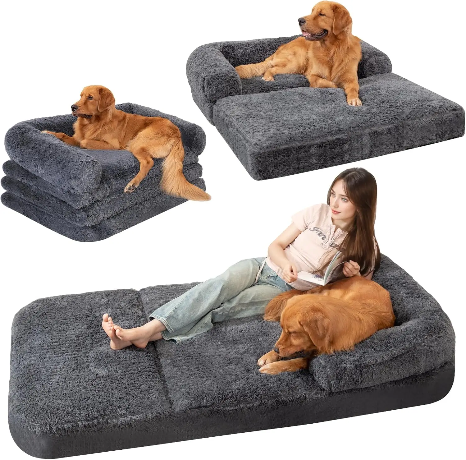 

Foldable Dog Sofa Bed, 73x42x10 in Faux Fur Orthopedic Pet Bed with Egg Foam, Portable for Indoor & Camping Use