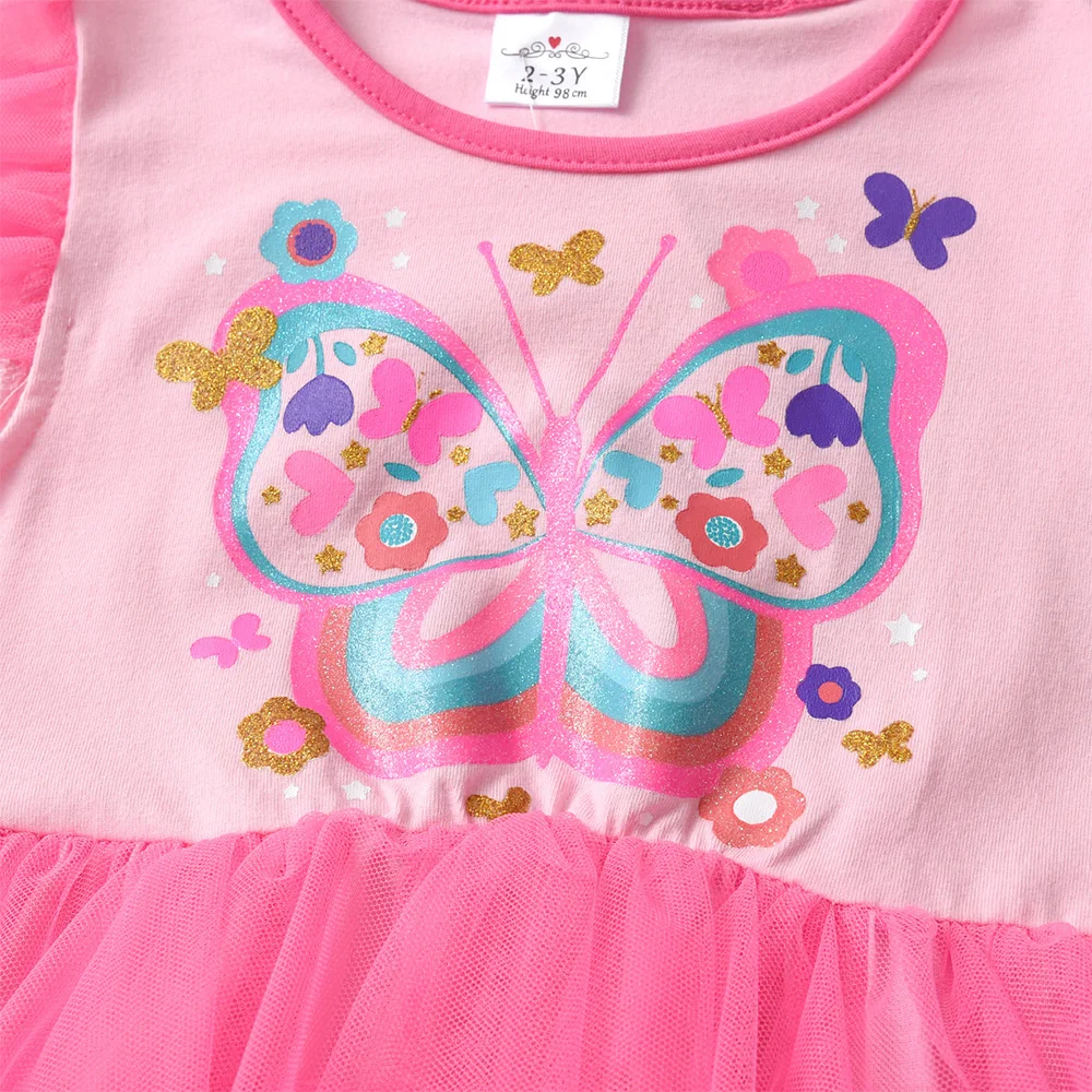 Mädchenkleid mit Schmetterlingsdruck und Stufen-Tüllrock, Flatterärmel, Sommerliches Rosa Tutu-Kleid, Ombre-Partykleid, Elegantes Tanzoutfit für Kinder – Detail 5
