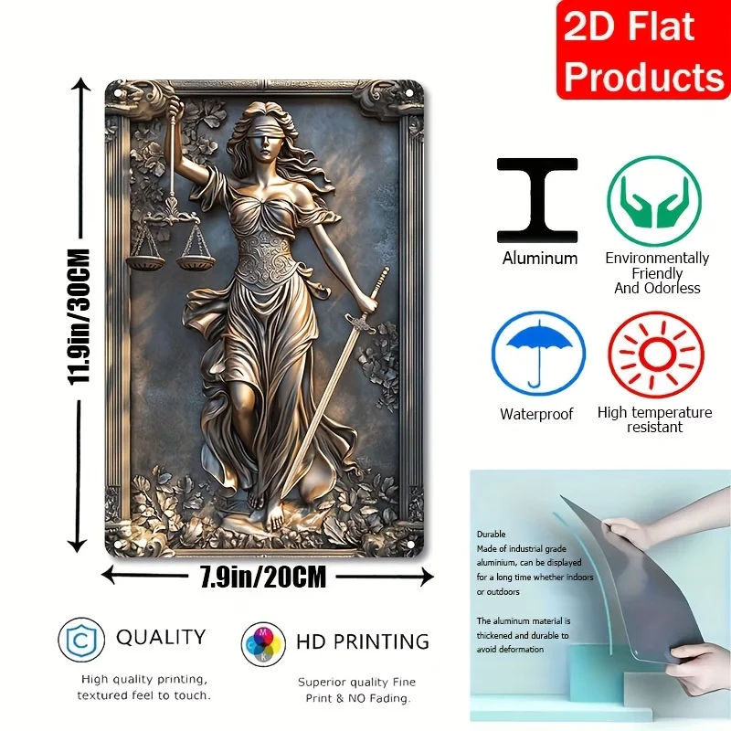 Vintage Justice Goddess Aluminum Wall Hanging Sign, Decorative Scales of Justice Metal Plaque for Bar, Living Room, Home Decor