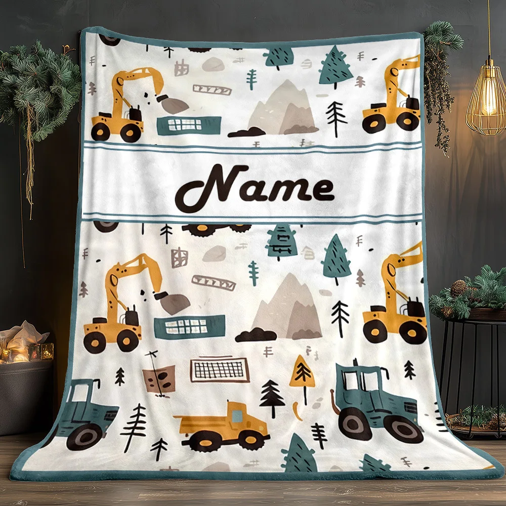 Customize 1pc Personalized Flannel Blanket, Excavator Bulldozer Dump Truck Print, Suitable for Camping, Bed, Sofa, Travel Blanke