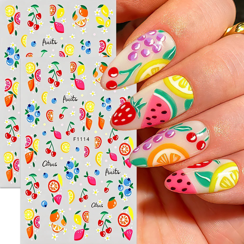 2 Stück niedliche Sommer-Frucht-Nagelaufkleber, Kirsche, Zitrone, Blaubeere, Erdbeere, florale Nagelkunst-Abziehbilder, Maniküre-Dekorationen, Zubehör